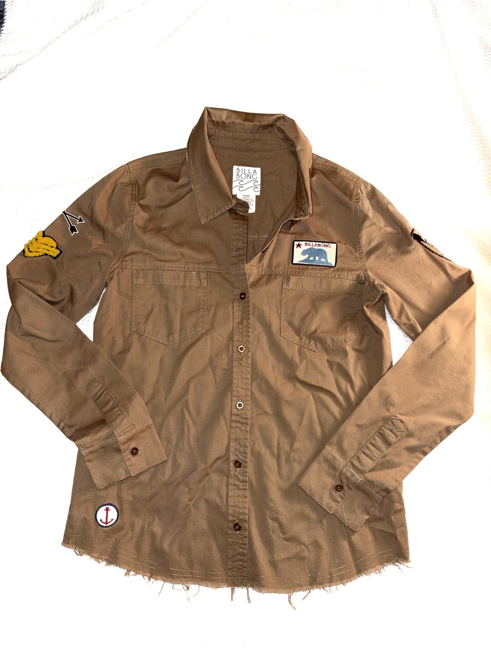 Billabong Women's Army Green Button-Down Utility Shirt with Patches